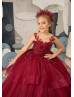 Beaded Burgundy Lace Tulle Corset Back Flower Girl Dress